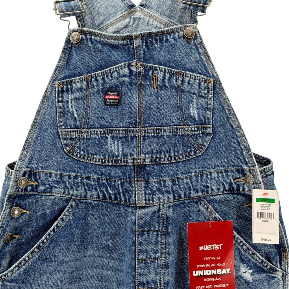Unionbay Denim Shortalls Women Large Blue NEW Distressed Retro Utility J1L9150 - Picture 3 of 16